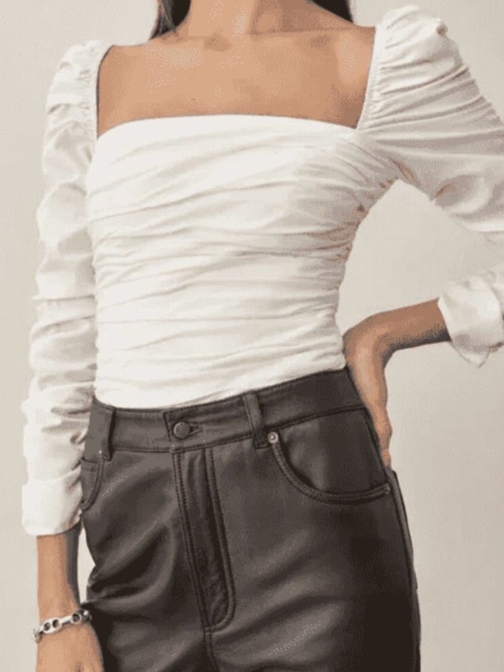 Reformation White Ruched Square Neck Long Sleeve Top